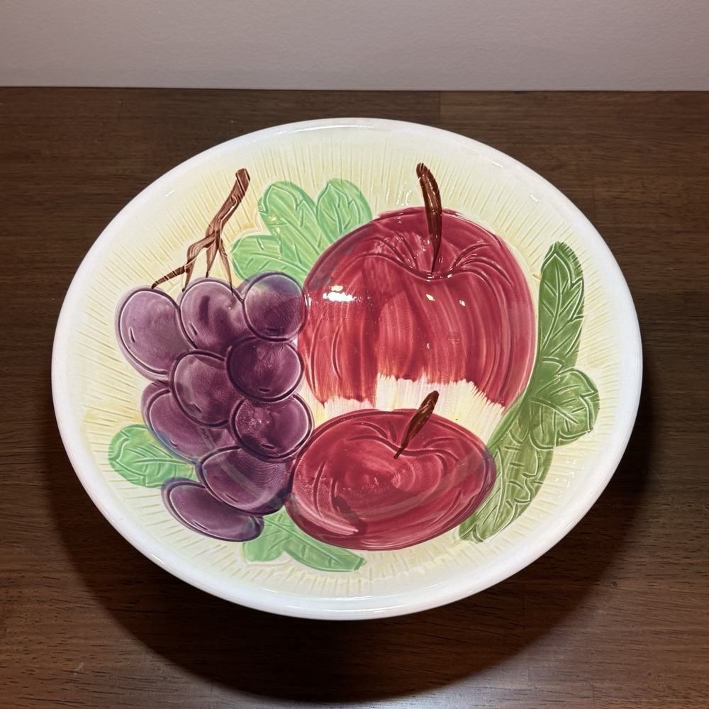 Vintage Corona Japan Fruit Bowl 9" Hand Painted Apple Grapes Cottagecore Country - Picture 2 of 7